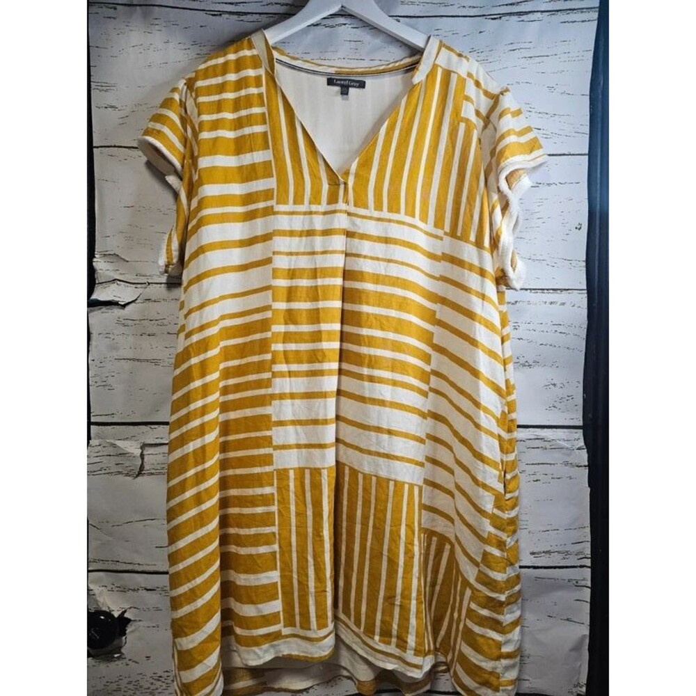 Laurel Grey XXL Mustard Yellow Striped Linen Blend Shift Dress